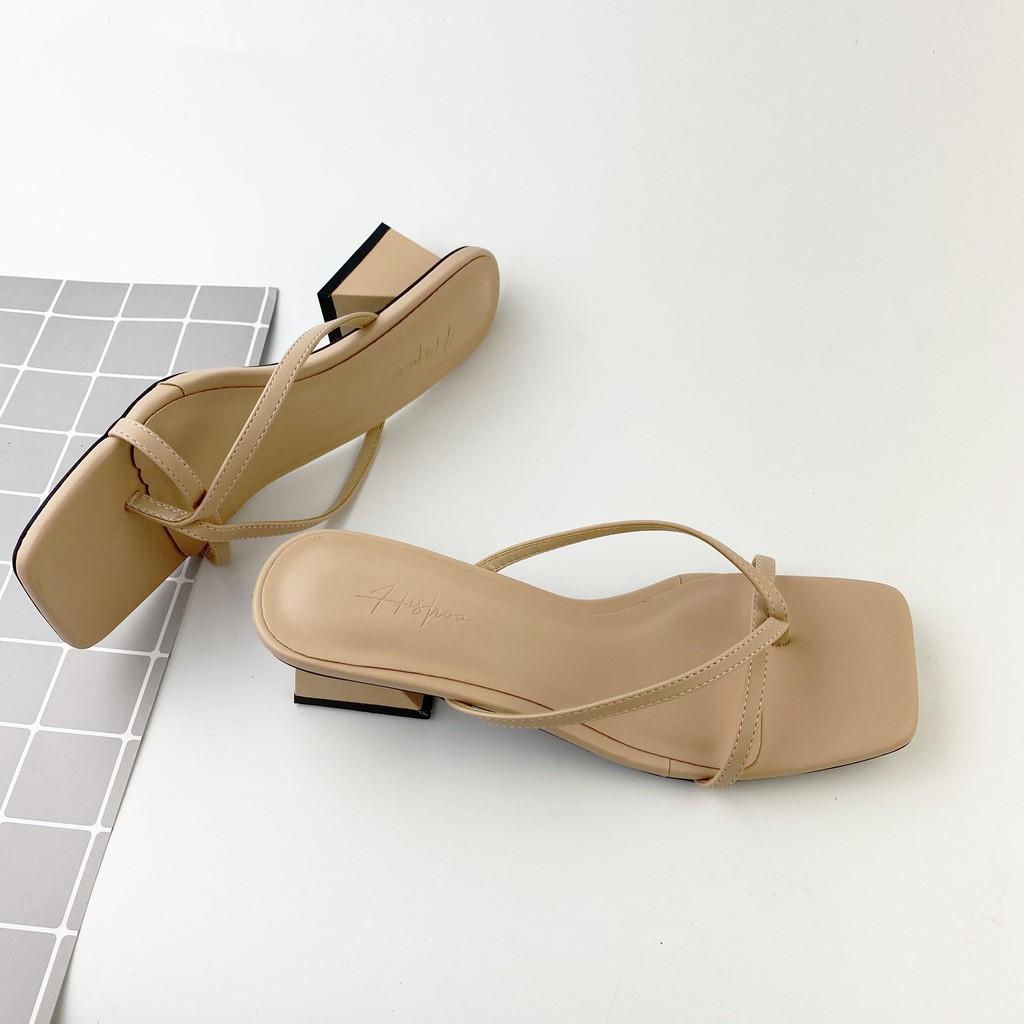 Dép cao gót nữ đế vuông thời trang dáng guốc sandal cao 5 phân mũi vuông quai mảnh cao cấp HISHOO h012