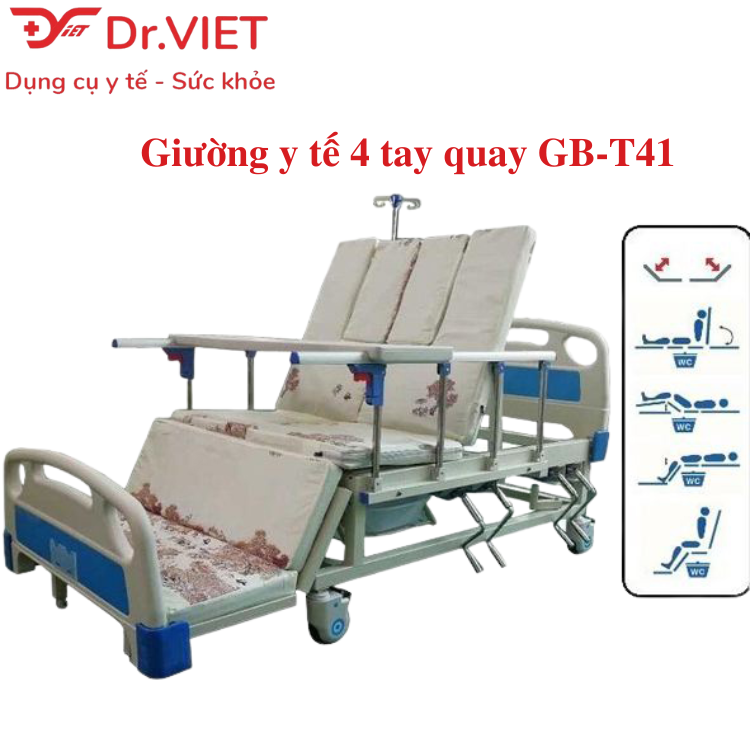 Giường bệnh nhân đa năng 4 tay quay Lucass GB-C41 (GB-T41) Chính hãng - Nâng chân, nghiêng lưng, nâng đầu, có bô vệ sinh, chậu gội đầu