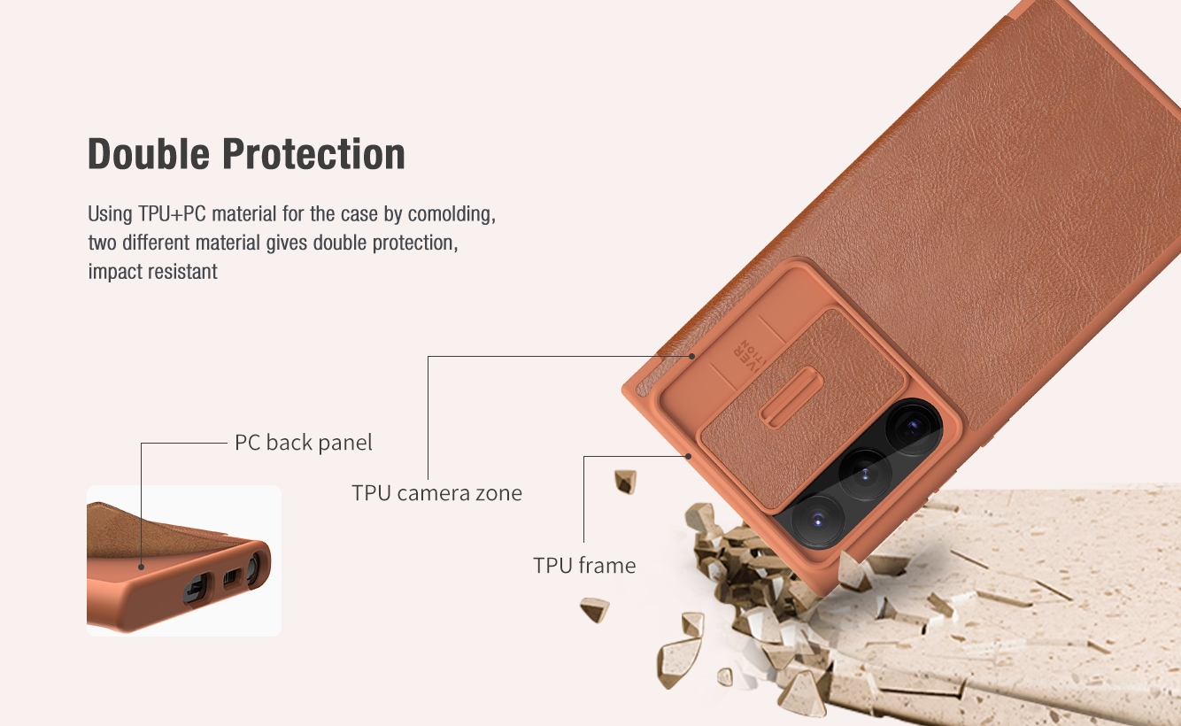 Bao da chống sốc cho Samsung Galaxy S23 Ultra hiệu Nillkin Qin Pro trang bị nắp bảo vệ Camera - hàng nhập khẩu