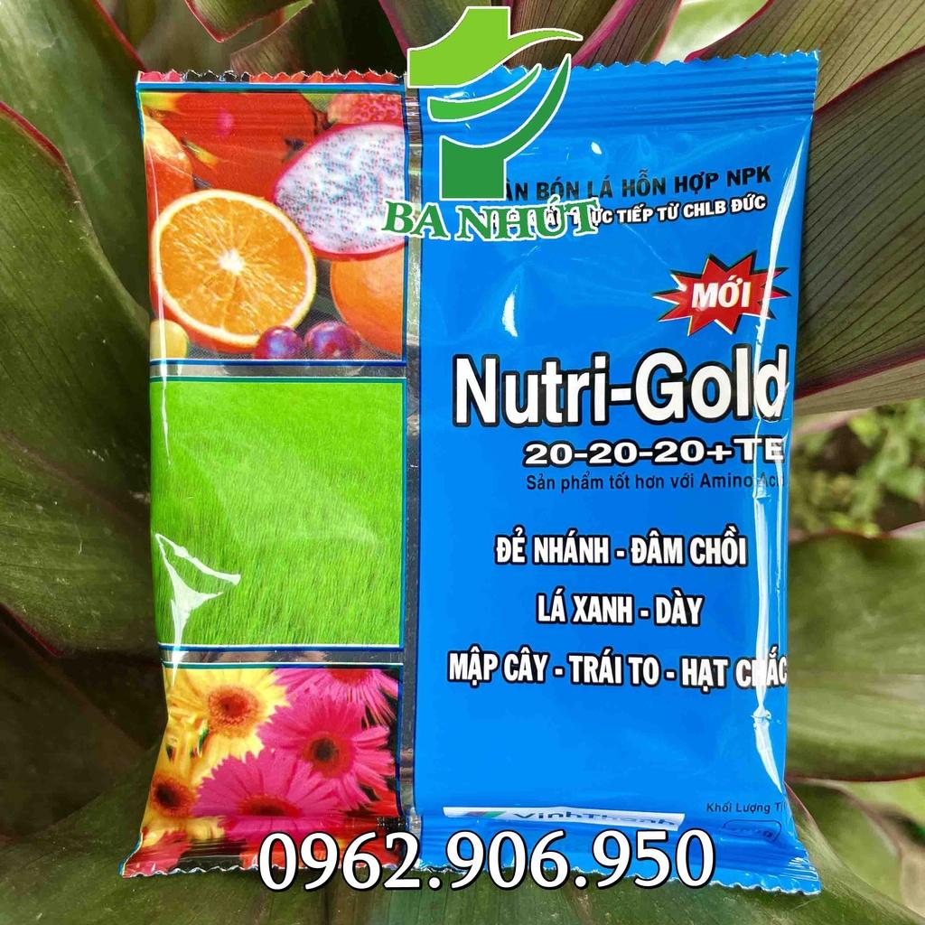 1 Hộp 10 Gói Phân Bón Lá NUTRI-GOLD 20-20-20+TE Đẻ Nhánh, Đâm Chồi – Lá Xanh, Dày – Mập Cây, Trái To, Hạt Chắc