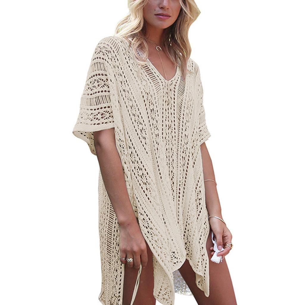 Womens V-Neck Swimwear Hollow Out Swimsuit Cover Up Knitted Beach Dresses