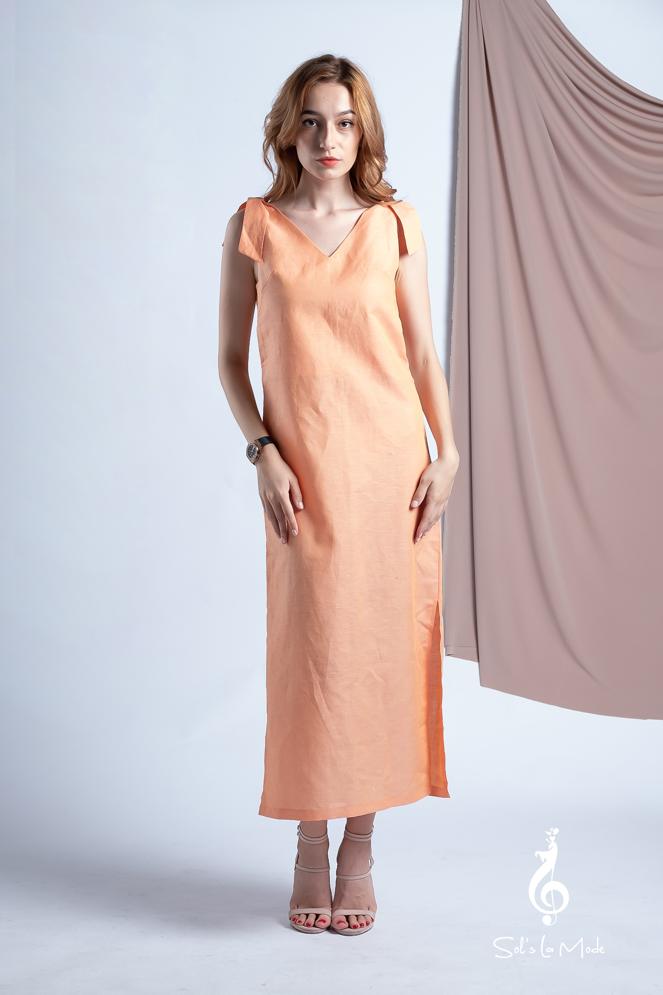 Đầm Linen dài ORANGE shoulder bow dress 