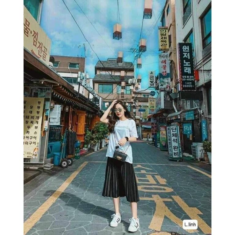 MS495 Chân váy midi dập ly dáng dài cạp chun basic