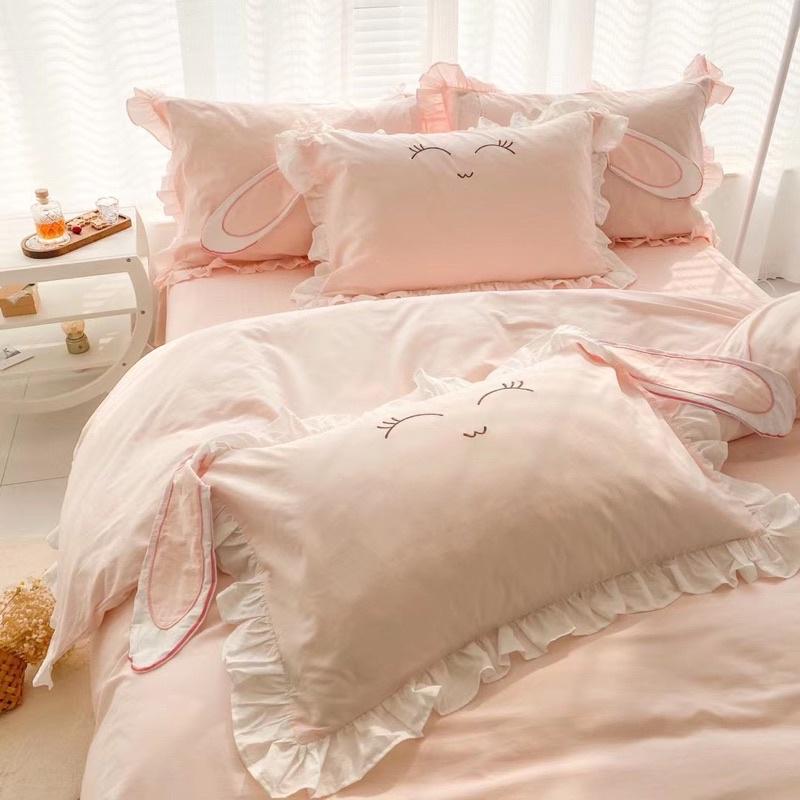 Bộ Chăn Ga Gối Cotton Linen Disney Hàng Nhập Khẩu Cao Cấp 5 Món Thỏ Hồng