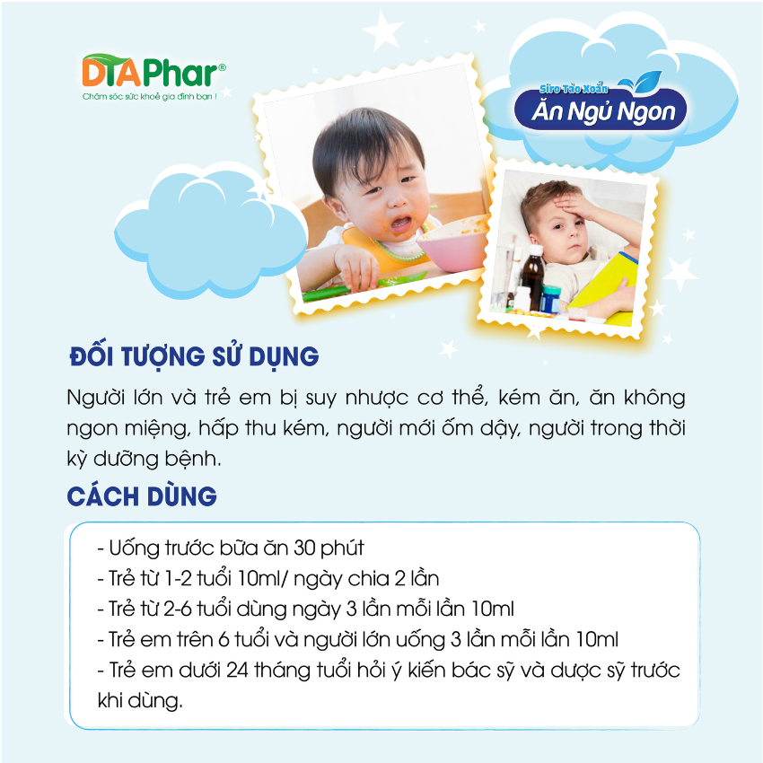 Siro uống Ăn Ngủ Ngon Hỗ trợ tăng cường tiêu hoá ăn ngon ngủ ngon bồi bổ sức khoẻ tăng sức đề kháng Hộp 4 vỉ x 5 ống Tâm An Pharma