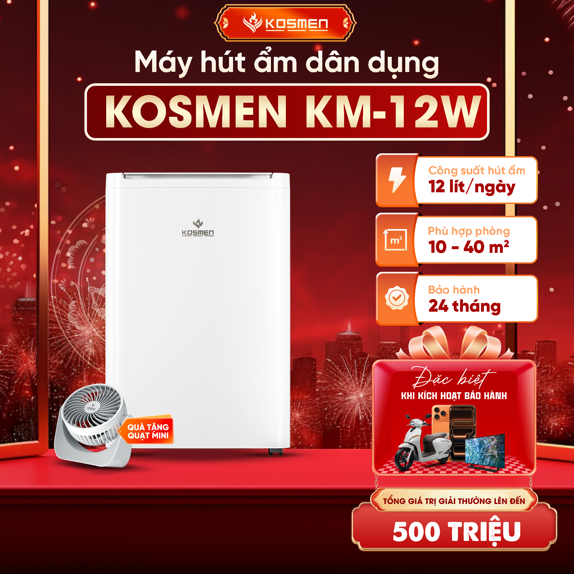 Máy Hút Ẩm Dân Dụng Kosmen KM-12W – 12L/Ngày, Vận Hành Êm Ái, Có Wifi &amp; Sấy Quần Áo – Phòng 40m2 - Hàng Chính Hãng, Bảo Hành 2 Năm