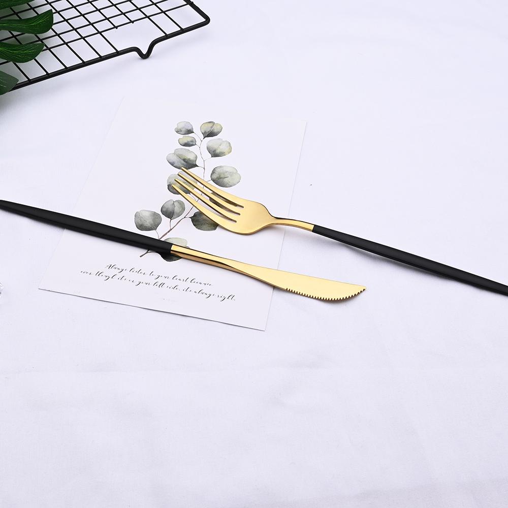 24Pcs Đen Vàng Chén Ăn Bộ Bộ Dao Kéo Hợp Kim Inox Nhà Bếp Dao Muỗng Nĩa Thìa Bộ Đồ Ăn Phẳng Bằng Bộ Kiềng Bạc Bộ