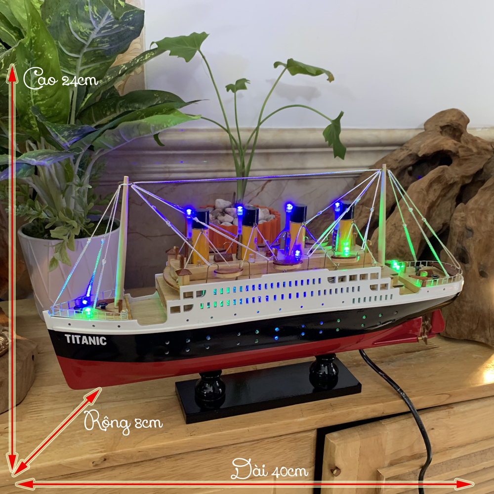 Mô hình trang trí tàu gỗ Titanic trang trí nhà cửa quà tặng bé - Dài 40cm - Gỗ tự nhiên - Có đèn led màu