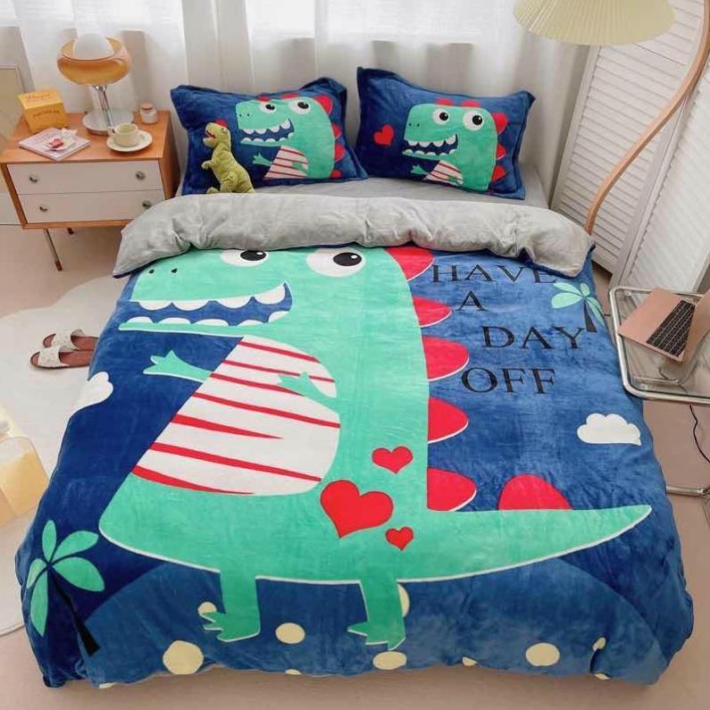Bộ chăn ga nỉ nhung tuyết siêu ấm áp dễ thương - Khủng Long Xanh,M6x2mx10cm