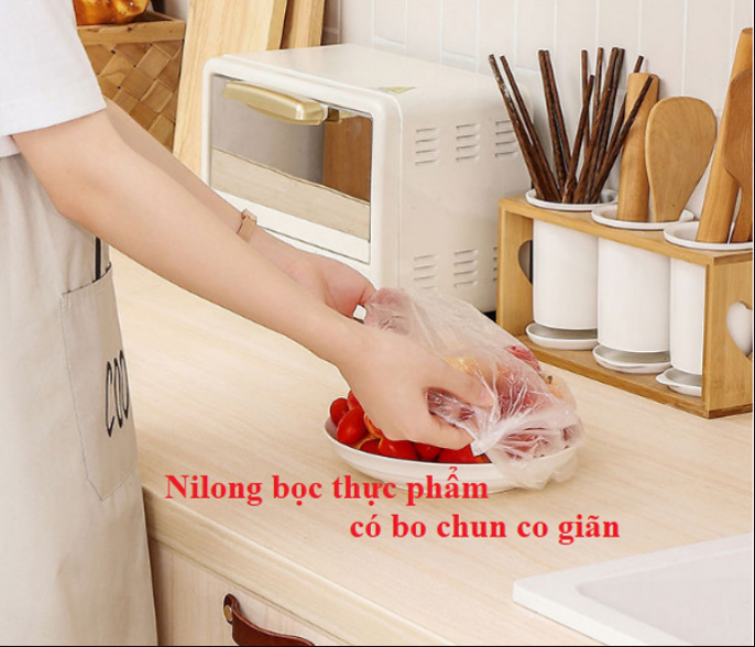 Set 100 màng bọc thực phẩm túi gấu Màng bọc thực phẩm PE có chun bọc đồ ăn co giãn tái sử dụng