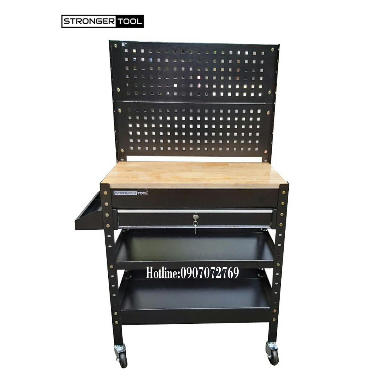 XE ĐẨY DỤNG CỤ 1 NGĂN KÉO CÓ MẶT BÀN GỖ VÀ TẤM TREO