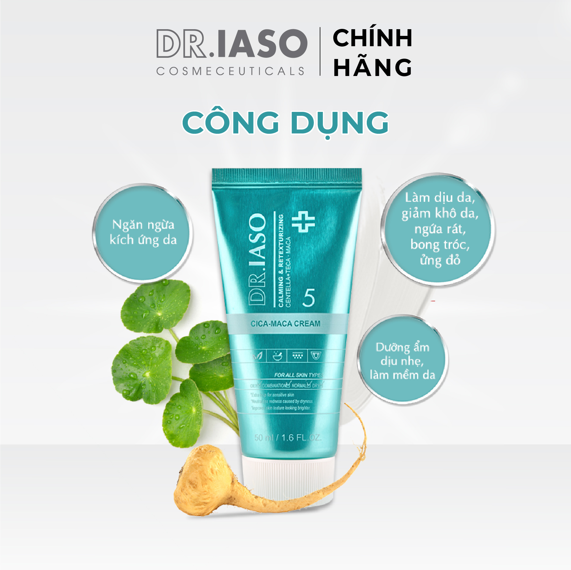 D34 Kem dưỡng ẩm và phục hồi da Dr IASO Cica Maca Cream 50ml