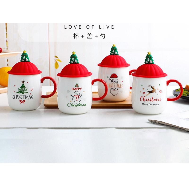 Ly Gốm Sứ Merry Christmas, Xmas Kèm thìa nắp 420ML