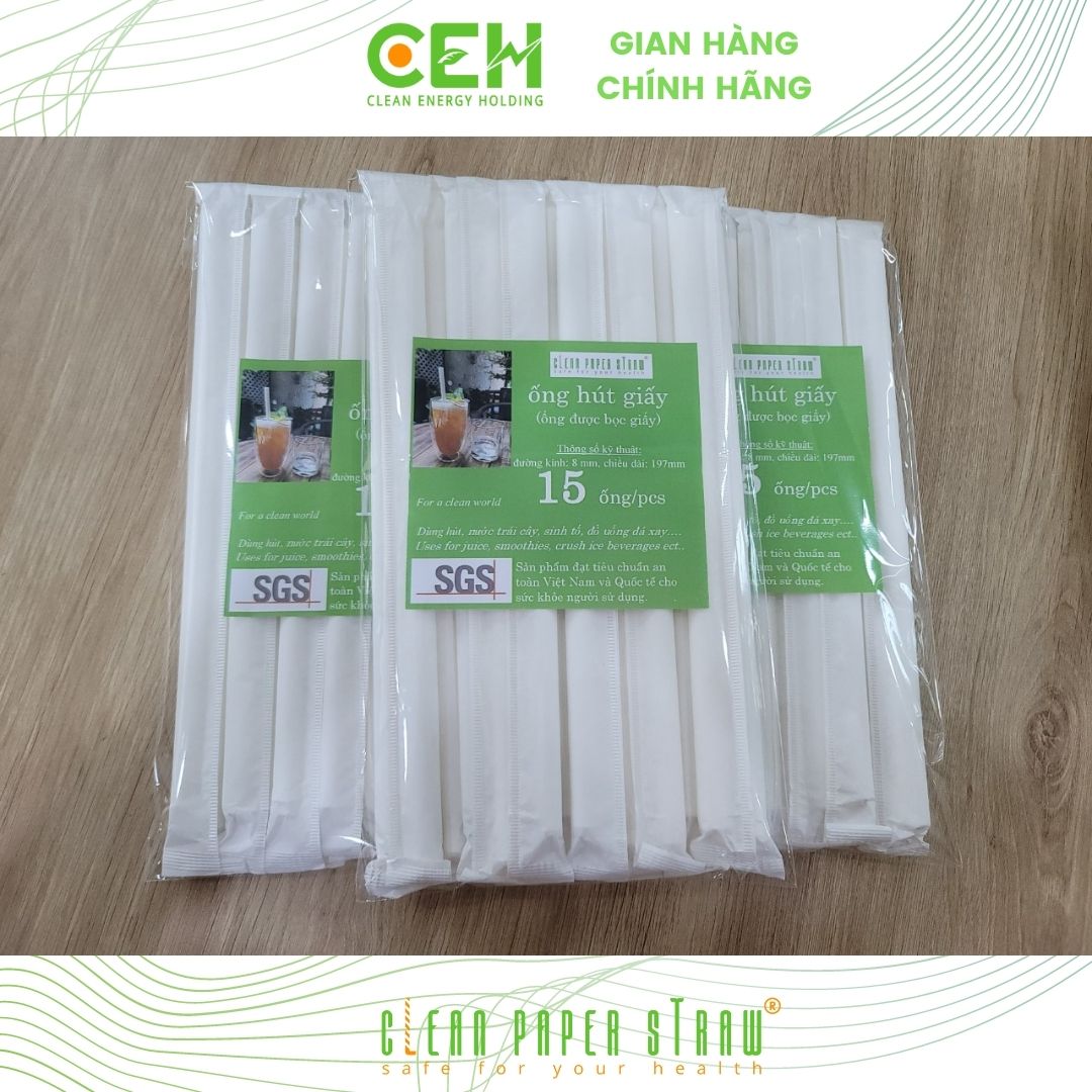 Túi 15 ống hút giấy có bọc 8x197mm màu trắng dành cho sinh tố, đá xay