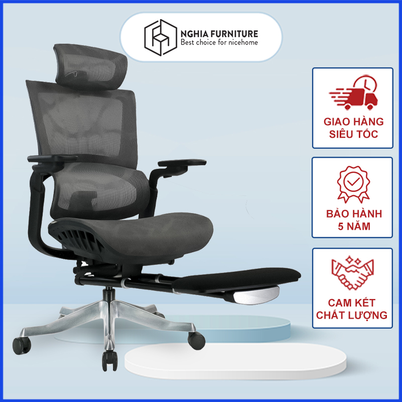 Ghế công thái học cho người BigSize, ghế xoay văn phòng có kê chân Nghia Furniture Ergonomic E04T