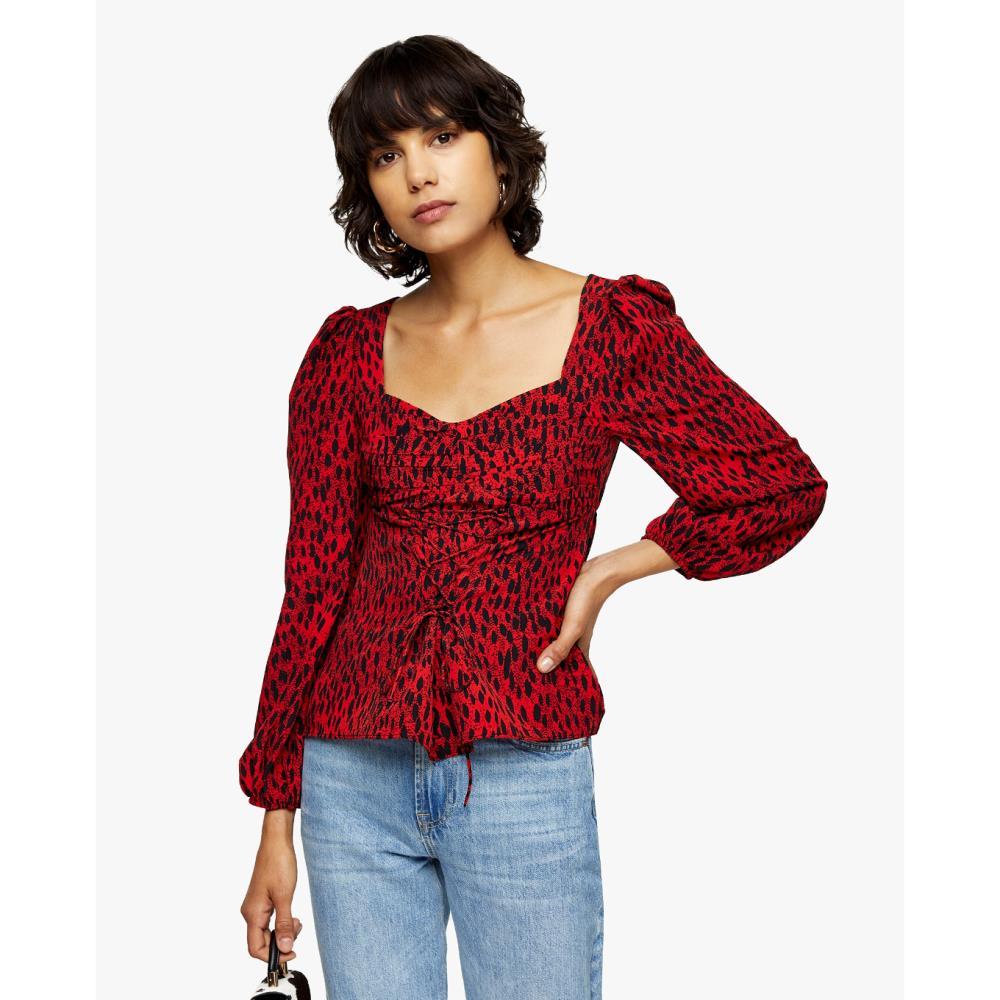 TOPSHOP - Áo kiểu nữ tay dài cổ vuông phối dây Red Leopard Lace Up Prairie 13G55RRED