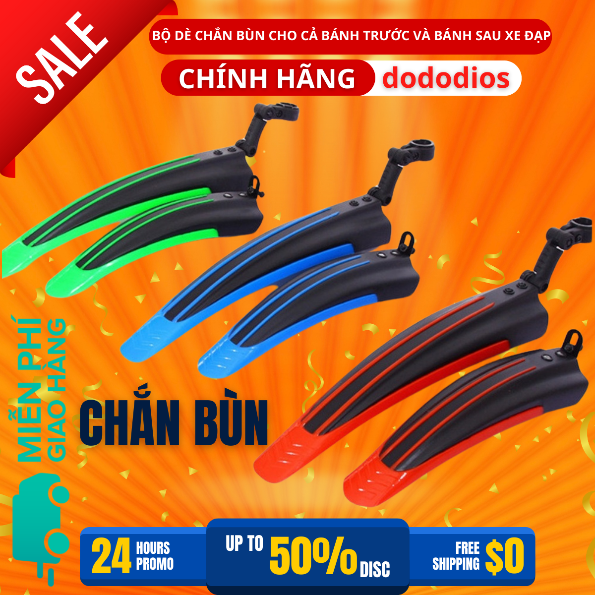 (CHỌN MÀU) Bộ Dè Chắn Bùn Cho Cả Bánh Trước Và Bánh Sau Xe Đạp Leo Núi 4 Sọc Màu - Chính hãng dododios