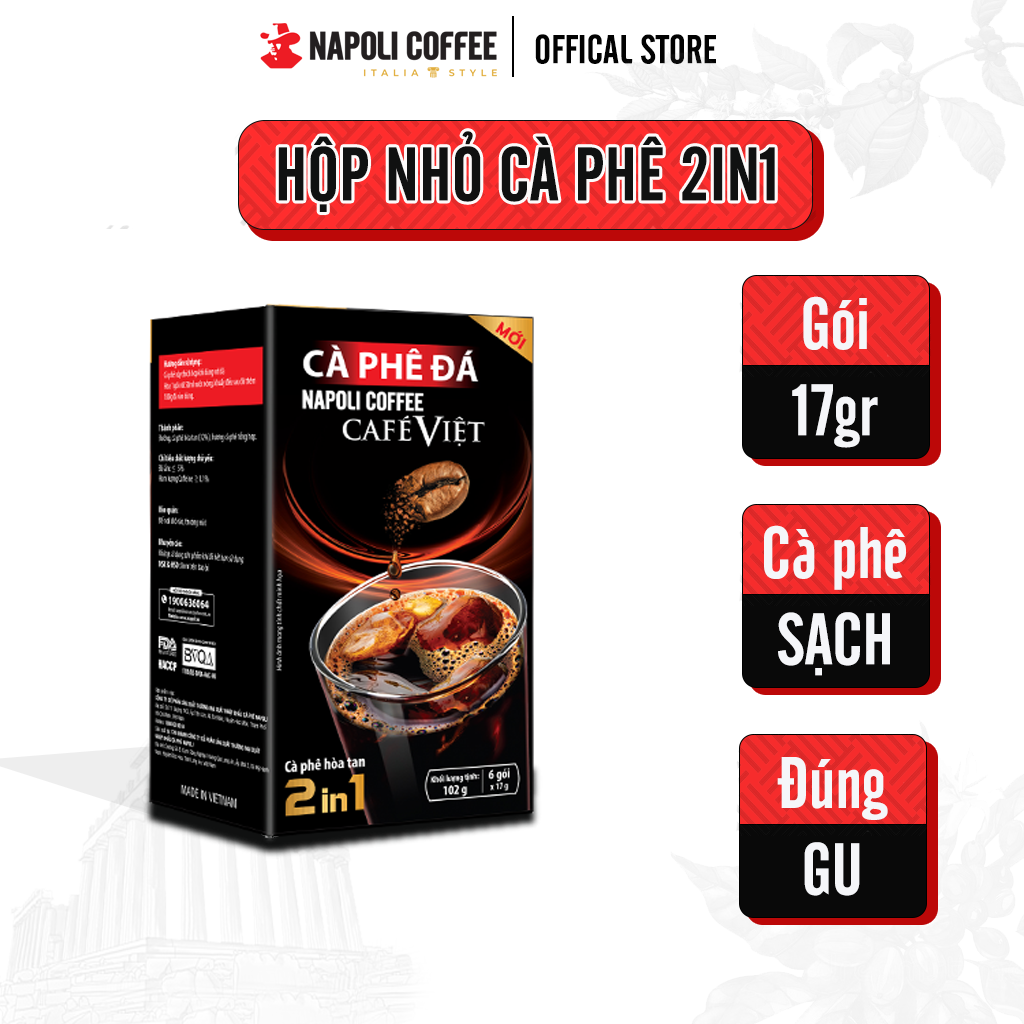 Cà Phê Hoà Tan Đen Đá 2IN1 Hộp Lớn Napoli Coffee bổ sung Nấm Linh Chi và Đông Trùng Hạ Thảo (10 gói x16gr) - 100% Cà Phê Sạch Chuẩn Gu