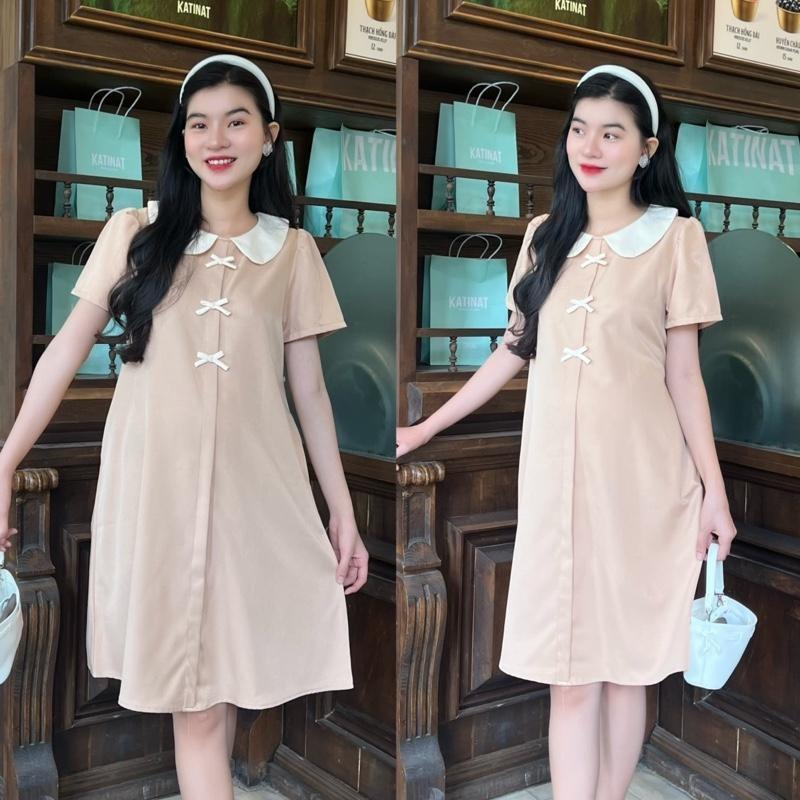 Đầm bầu công sở cổ sen đính 3 nơ dễ thương chất cotton lạnh mềm mịn - Hồng