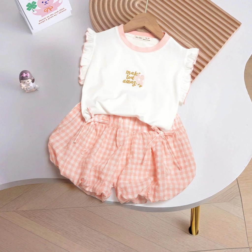 Set Đồ Bé Gái Tay Cánh Tiên Áo Thun Cotton Thêu Hoa Kèm Quần Bí Caro Xốp Đính Nơ Xinh Xắn Từ 8-30kg Dành Cho Bé Gái