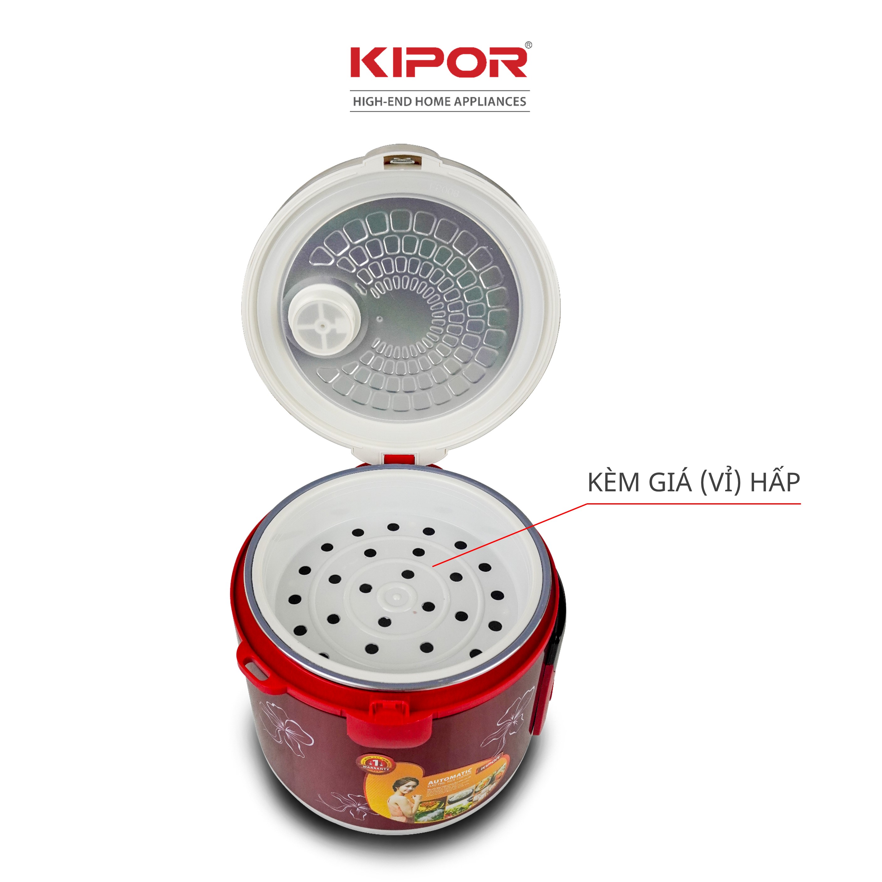Nồi cơm điện KIPOR KP-N25912 - 1.2L - Phủ chống dính HOÀNG KIM, Nồi cơm có tặng kèm vỉ hấp - phù hợp 2-3 người ăn - Hàng chính hãng
