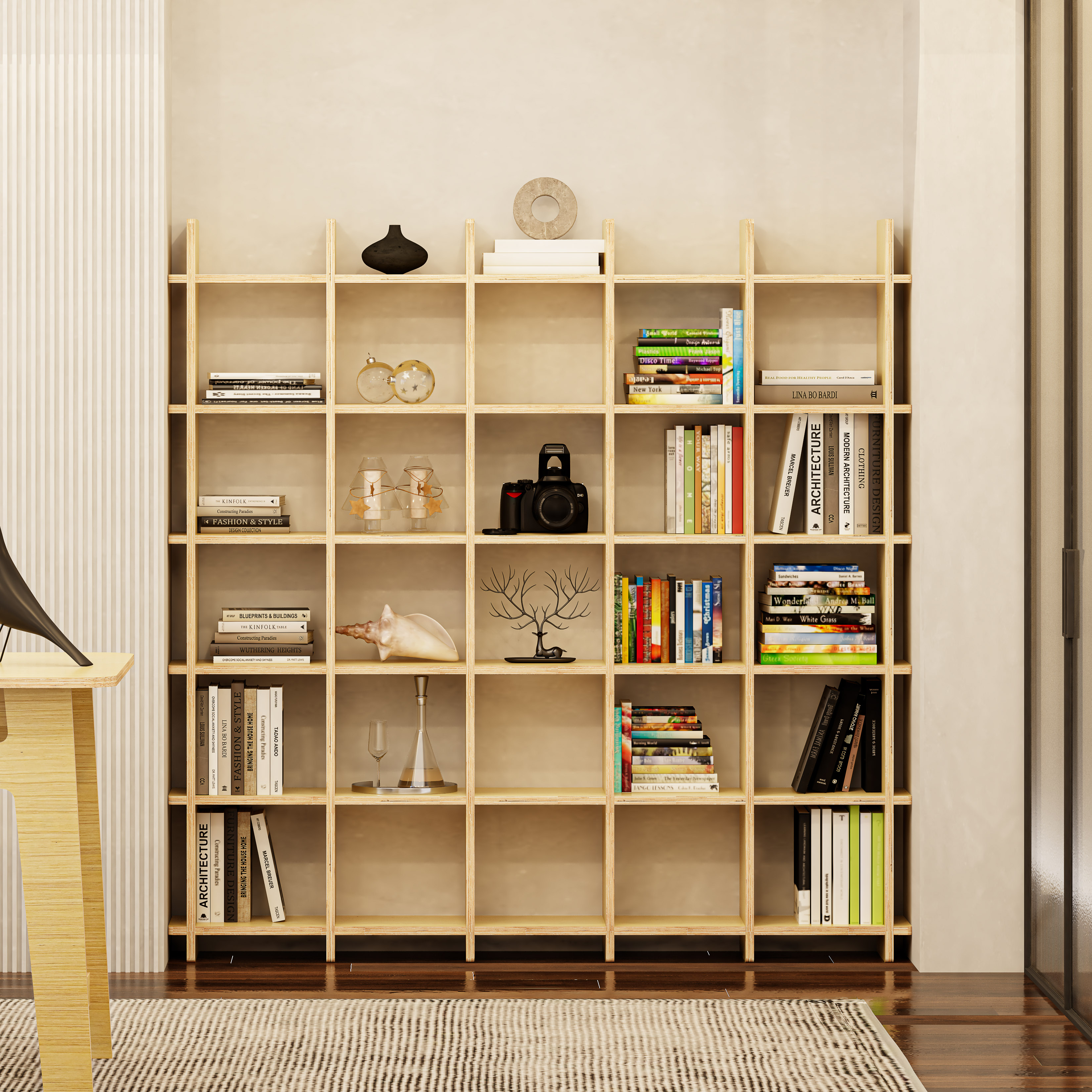 HAPPY FURNITURE , Gỗ tự nhiên , Kệ sách 5x5 gỗ Plywood - SANARI , KSA_064 , 160cm x 24cm x 160cm DxRxC
