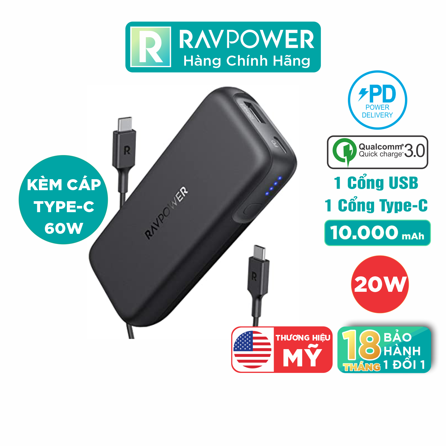 Pin Sạc Dự Phòng Nhỏ Gọn RAVPower 10000mAh Quick Charge 3.0 + PD 20W, In/Out Type-C - RP-PB186 - Hàng Chính Hãng