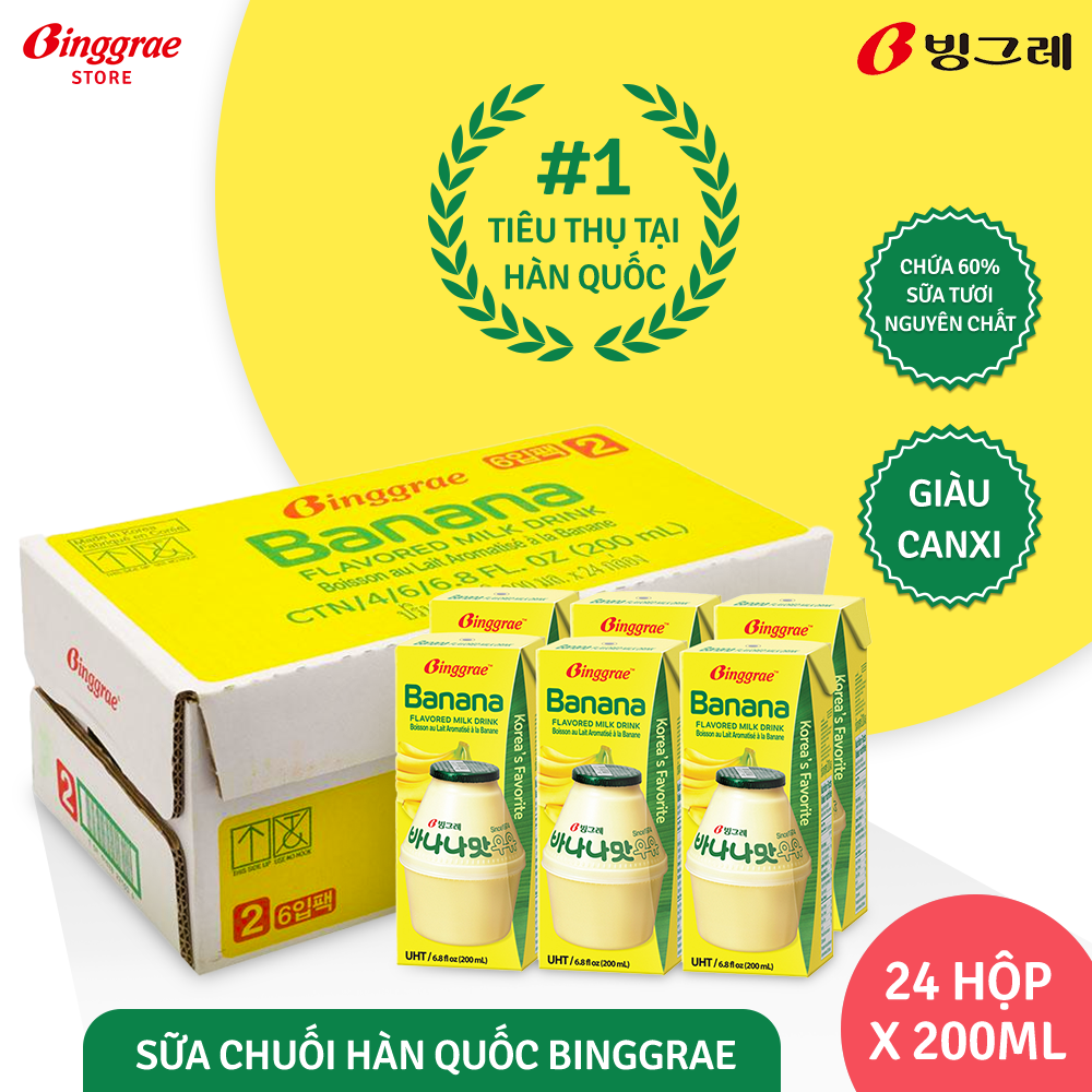 Thùng Sữa Chuối Hàn Quốc Binggrae Banana Milk (200ml x 24 hộp)