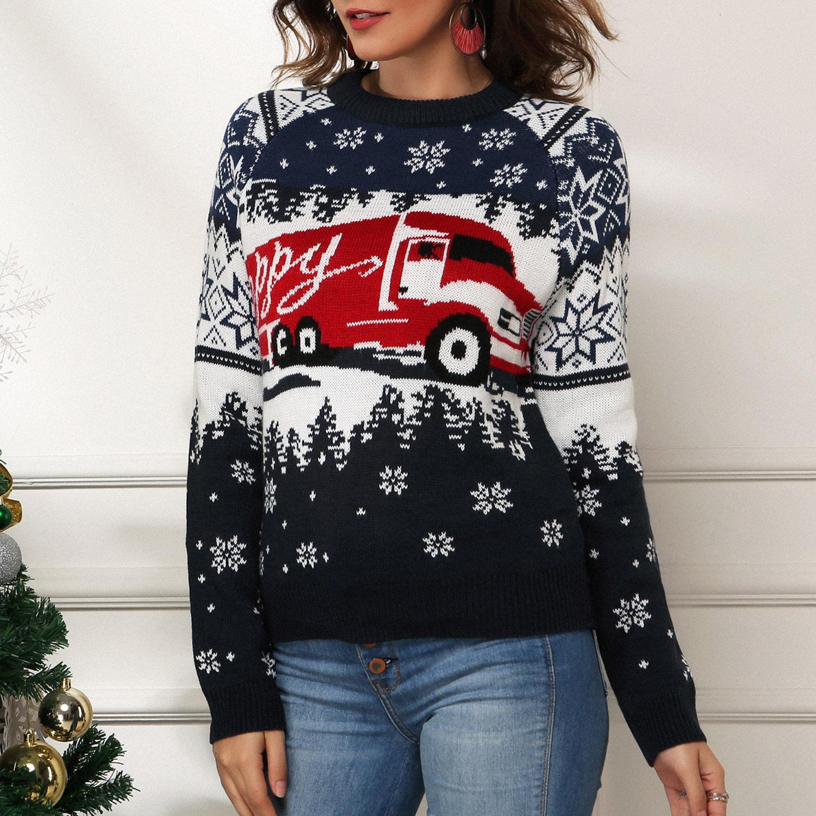 Women Christmas Sweater Cute Snowflake Pattern Xmas Knit Pullover O-Neck Long Sleeve Jumper Casual Holiday
