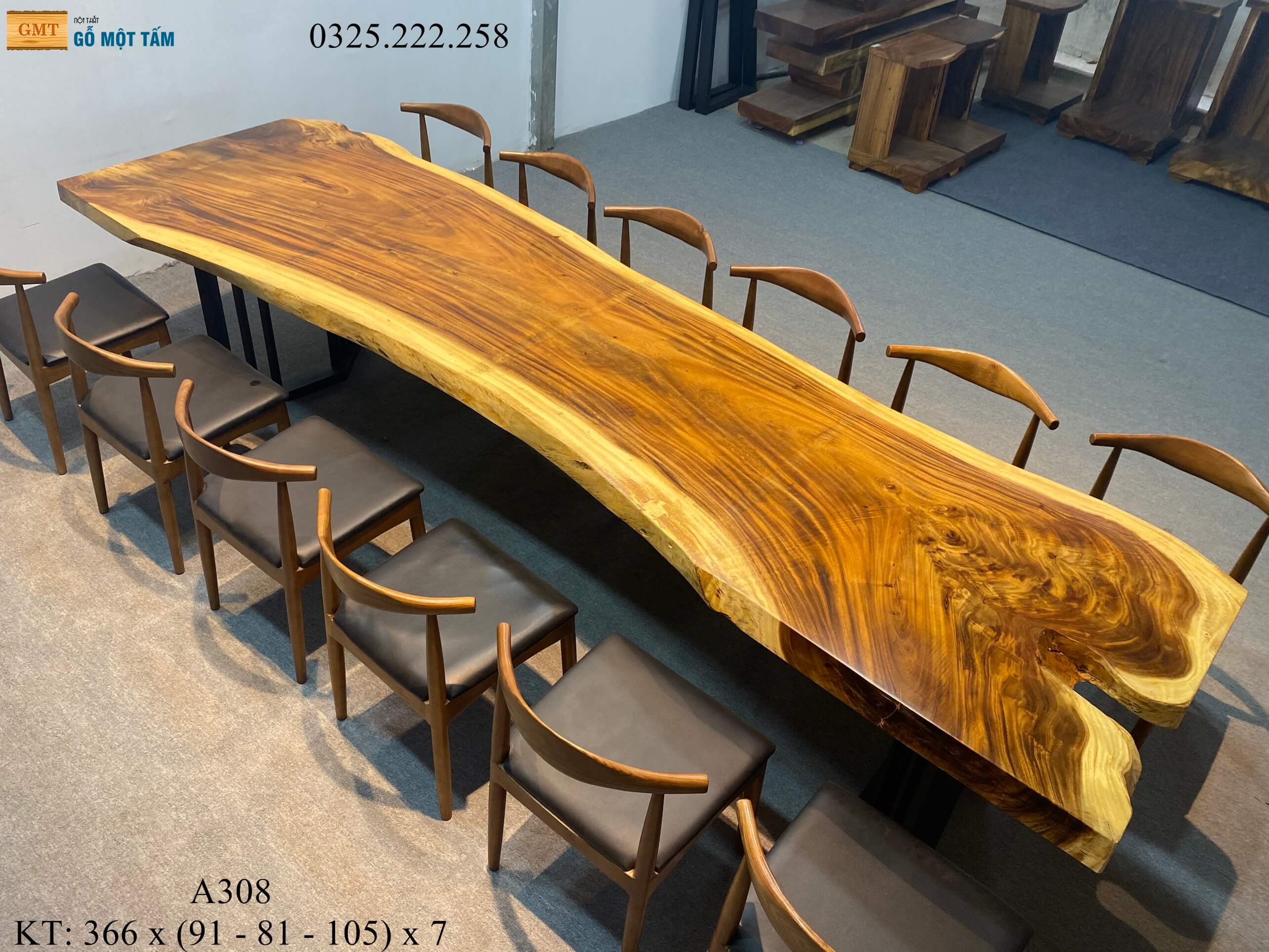 Bàn Cafe Gỗ Me Tây, Bàn Sân Vườn Gỗ Me Tây, Bàn Gỗ Me Tây Nguyên Tấm Dài 3,66m Rộng 1,05m Dày 7cm