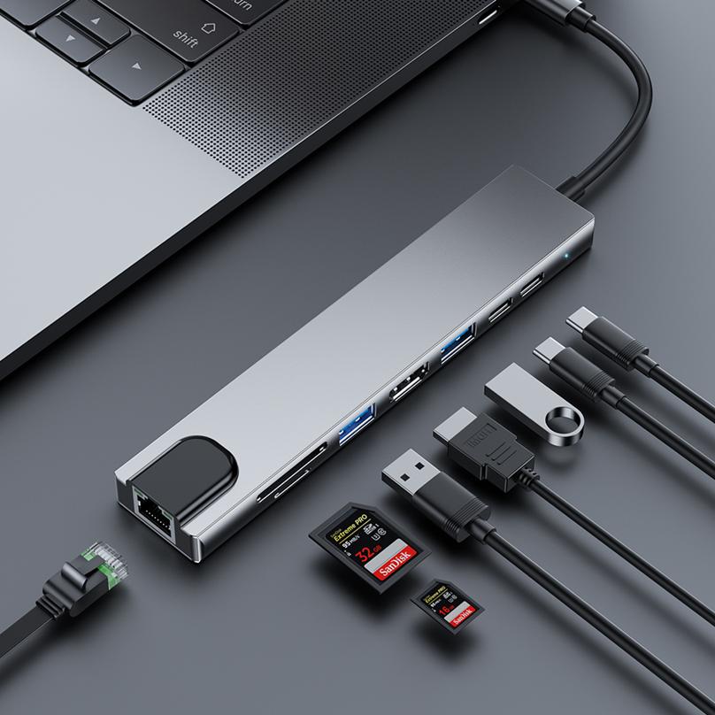 Bộ Chia USB 3 0 USB Type C 3.0 Hub USB C Bộ Chia Loại C Sang HDMI Đầu Đọc Thẻ 8 Trong 1 PD RJ45 Cho Phụ Kiện Máy Tính