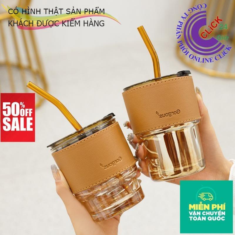 Cốc Thủy Tinh Kèm Bao Da Có Nắp Và Ống Hút 450ml, Ly Uống Nước - Hàng Cao Cấp Siêu Sang
