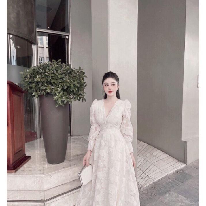 Đầm maxi ren trắng cổ V tay phồng Vin Dress ivy.fashion đi biển dự tiệc dạo phố bigsize gợi cảm sexy