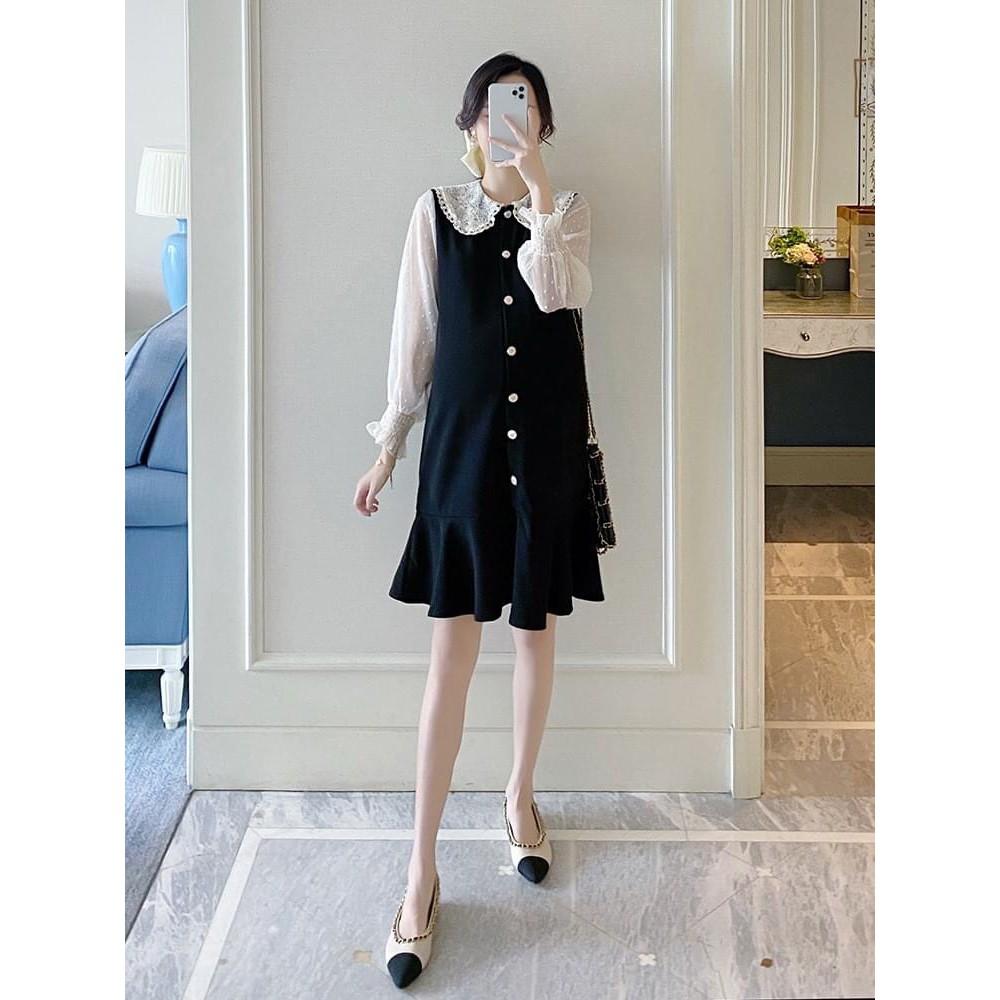 Váy bầu thiết kế - đầm bầu công sở cổ bèo ren đuôi cá tay ruồi có size tới 100kg HD11 - Xiimom