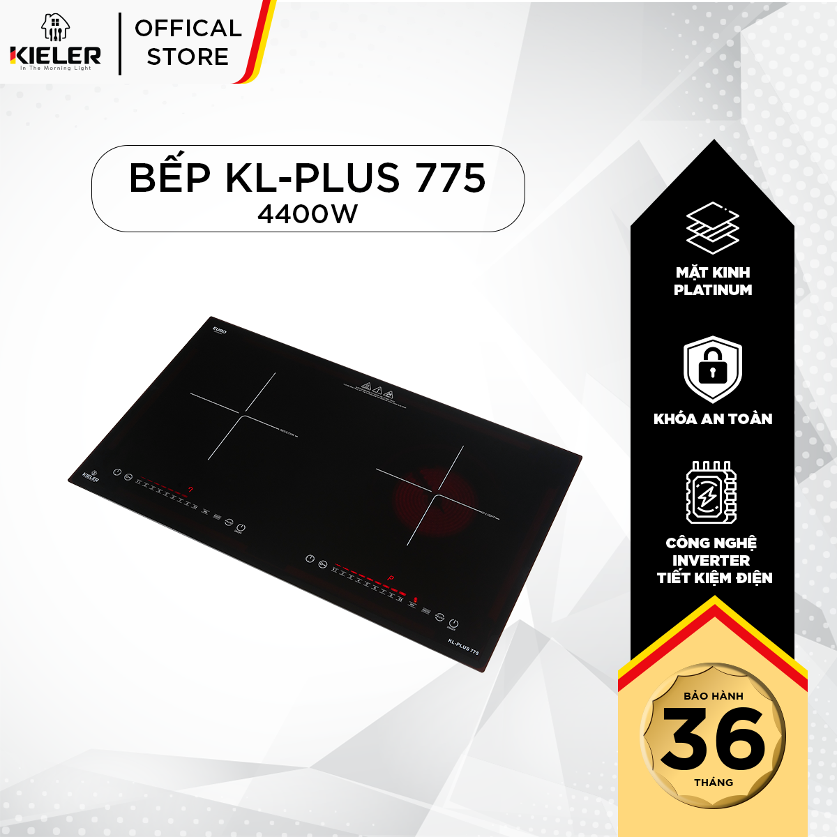 Bếp đôi điện từ hồng ngoại Kieler KL-PLUS775 mặt kính Euro Kieler Platinum, Bếp đôi có chế độ cảm ứng chống tràn 4400W - Hàng Chính Hãng