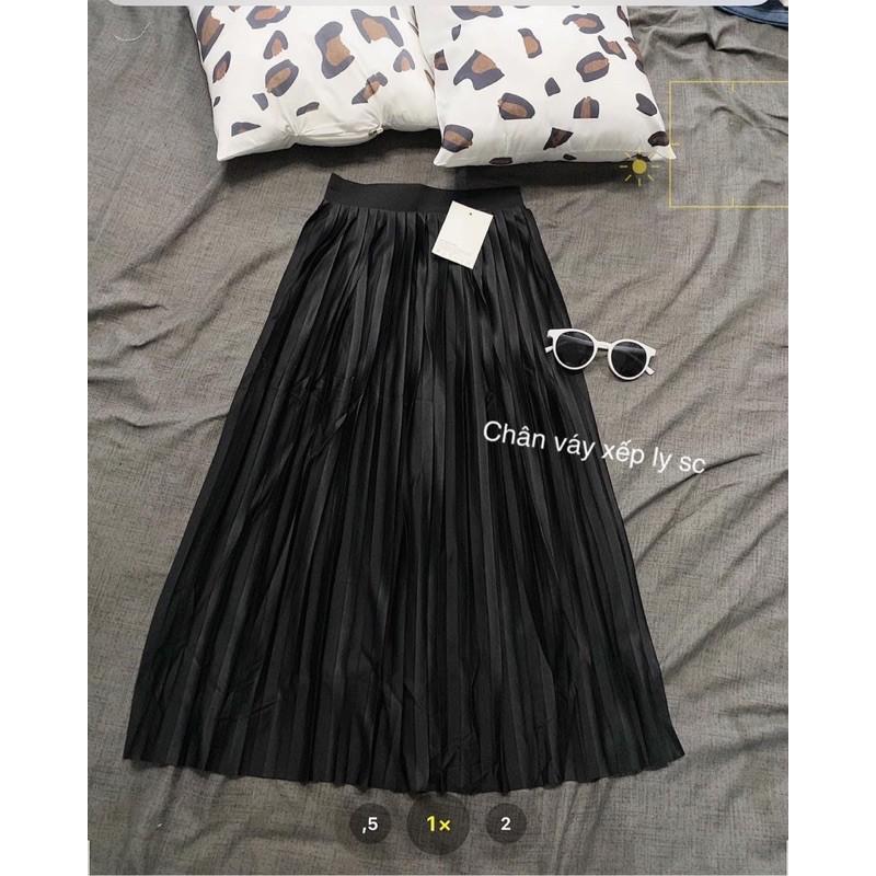 Chân Váy Midi Xếp Ly Cạp Cao Màu Đen Phong Cách Vintage