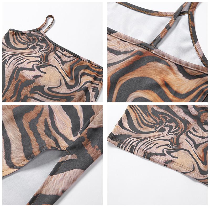 Fashion Women Tiger Print Dress One Shoulder Sleeveless Backless Bodycon Split Long Dress for Party Club