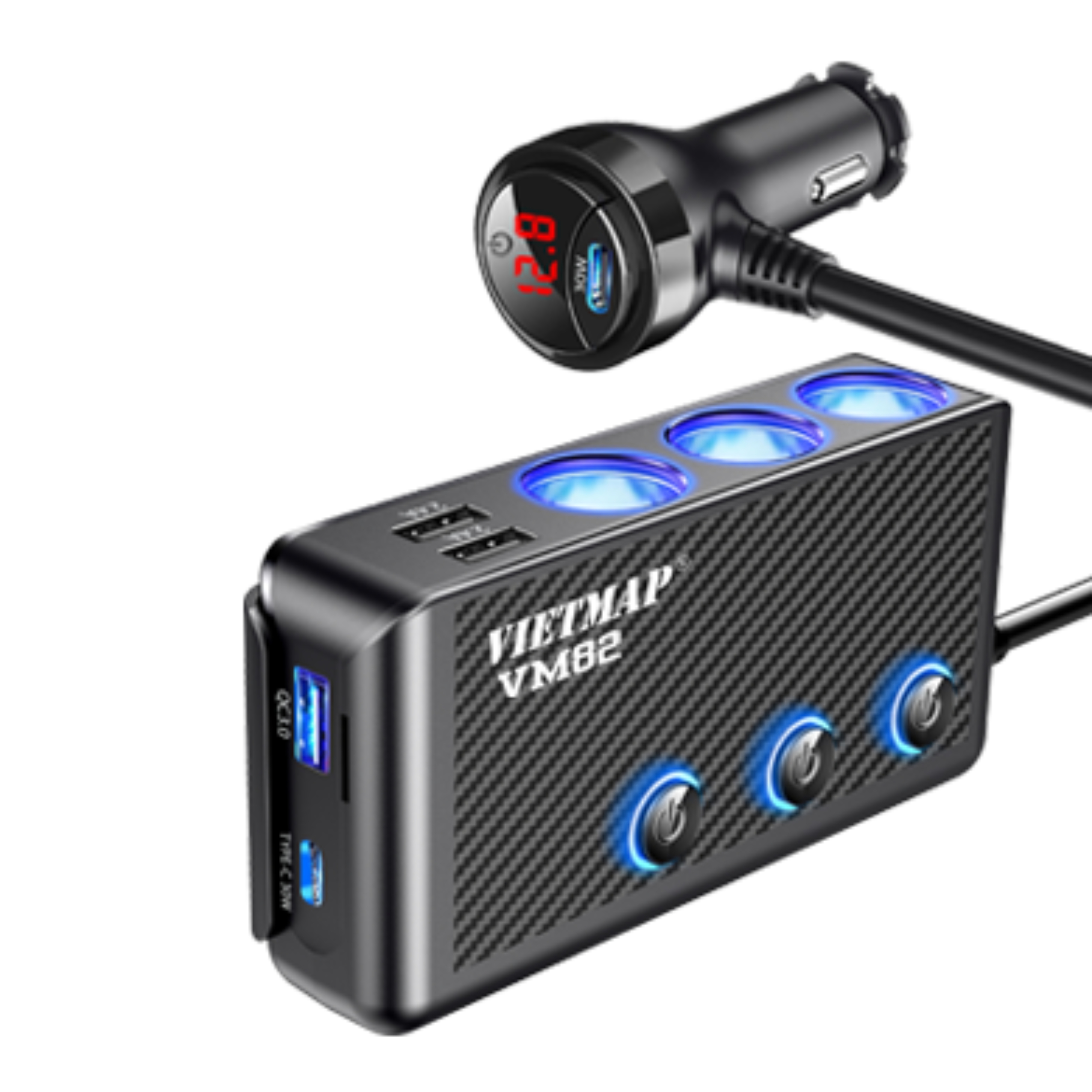 VIETMAP VM82 - Bộ chia sạc ô tô đa năng - Sạc nhanh Type-C PD 30W và QC 3.0 - Hàng chính hãng