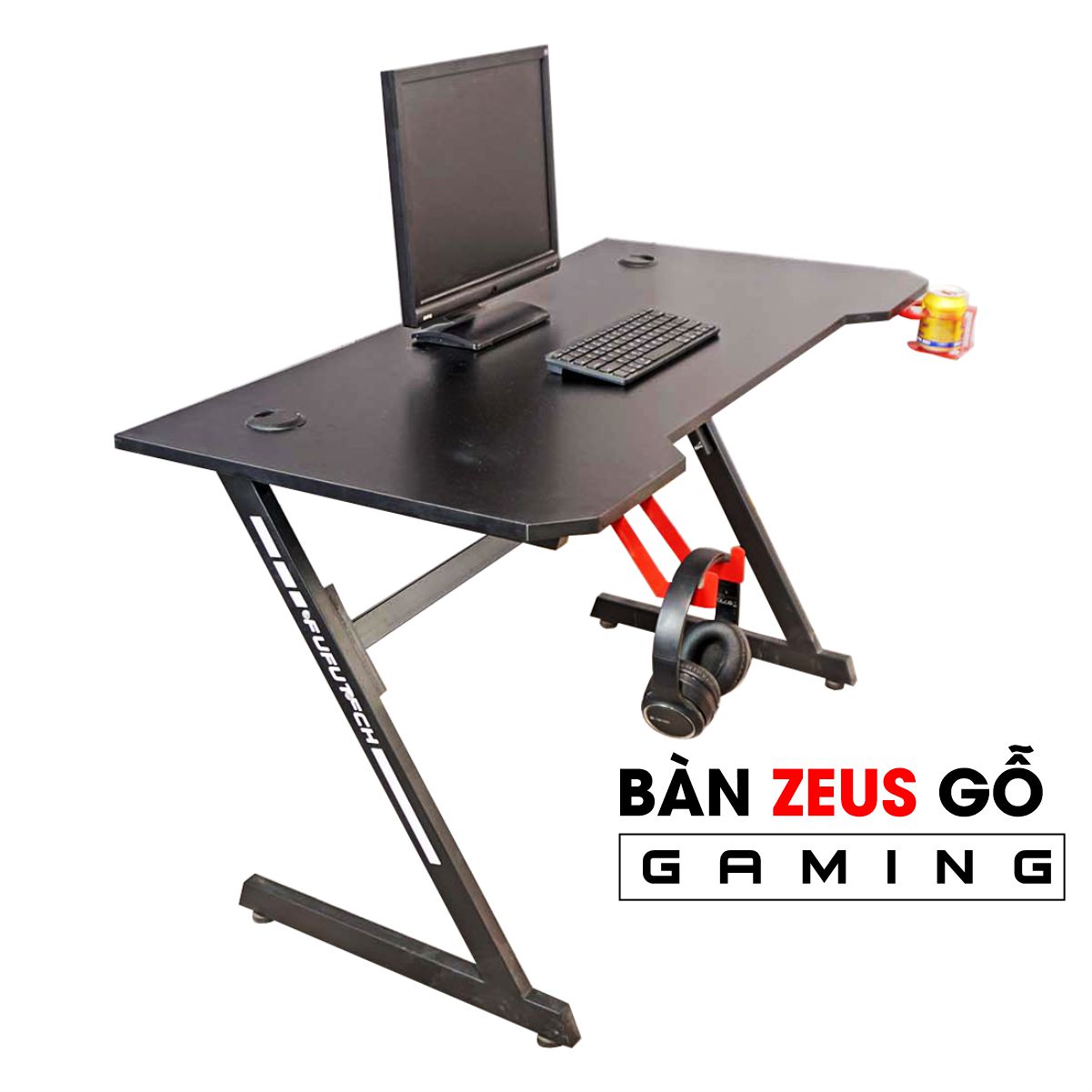 Bàn Máy Tính Chữ Z Gaming Fufutech Có Cắm Sạc USB Nhiều Cổng, Giáp Led 7 Màu Tuỳ Chỉnh, Giá Treo Tai Nghe, Khay Đựng Cốc Dùng Để Máy Tính, Laptop, Làm Việc, Livestreams