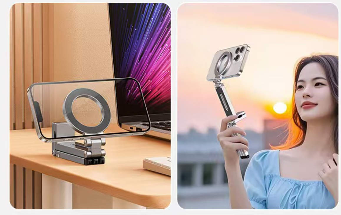 Giá đỡ kệ đỡ điện thoại từ tính gập xoay 360 độ để bàn, kẹp thành bàn, ô tô, máy bay livestream, selfile tự sướng - Hàng chính hãng