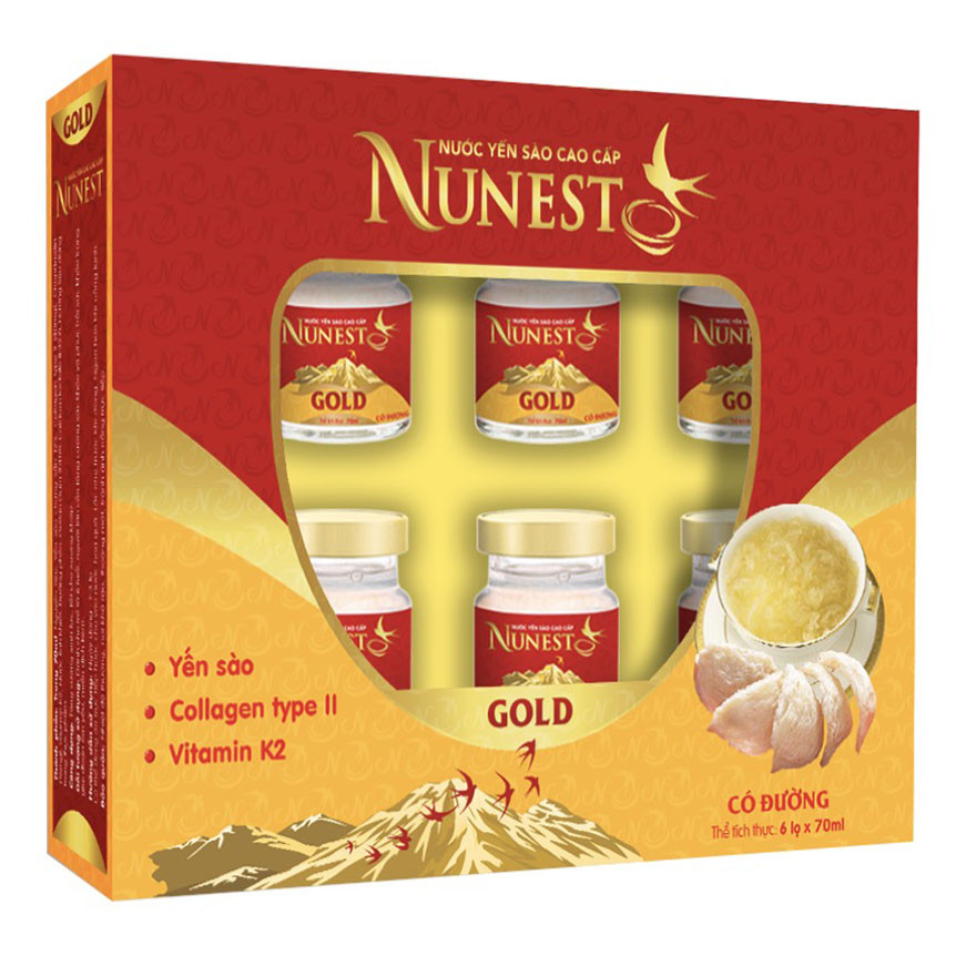 Hộp yến sào cao cấp collagen vitamin K2 có đường Nunest Gold (6 lọ x 70ml)