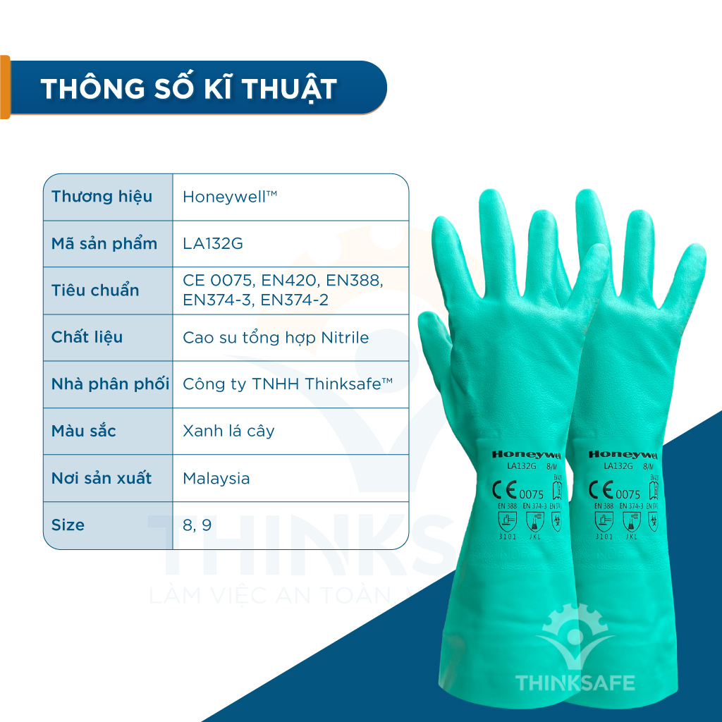 Găng tay chống hóa chất Honeywell LA132G, Bao tay cao su sử dụng trong ngành cơ khí, xử lý hóa chất, ôm tay bảo hộ