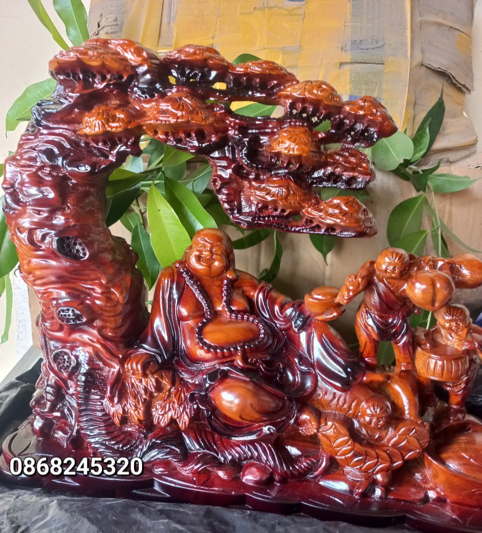 TƯỢNG PHẬT DI LẶC TAM PHÚC GỖ HƯƠNG ĐÁ SƠN PU GIẢ CỔ KT 45×30×15CM