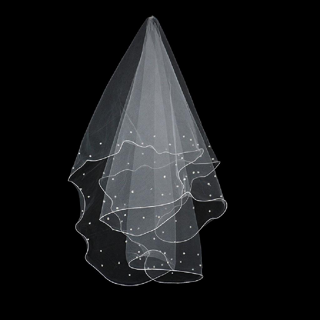 Queenten New Simple Ribbon Edge Wedding Veil With Pearls Short Bridal Veil Studio veil QT