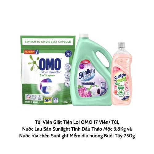 Nước lau sàn Sunlight hương hoa cỏ xuân 1kg, Sữa Tắm Lifebuoy Mát lạnh sảng khoái 800g và Nước giặt Omo Matic Cửa trước Khử mùi Thư thái túi 3.6kg