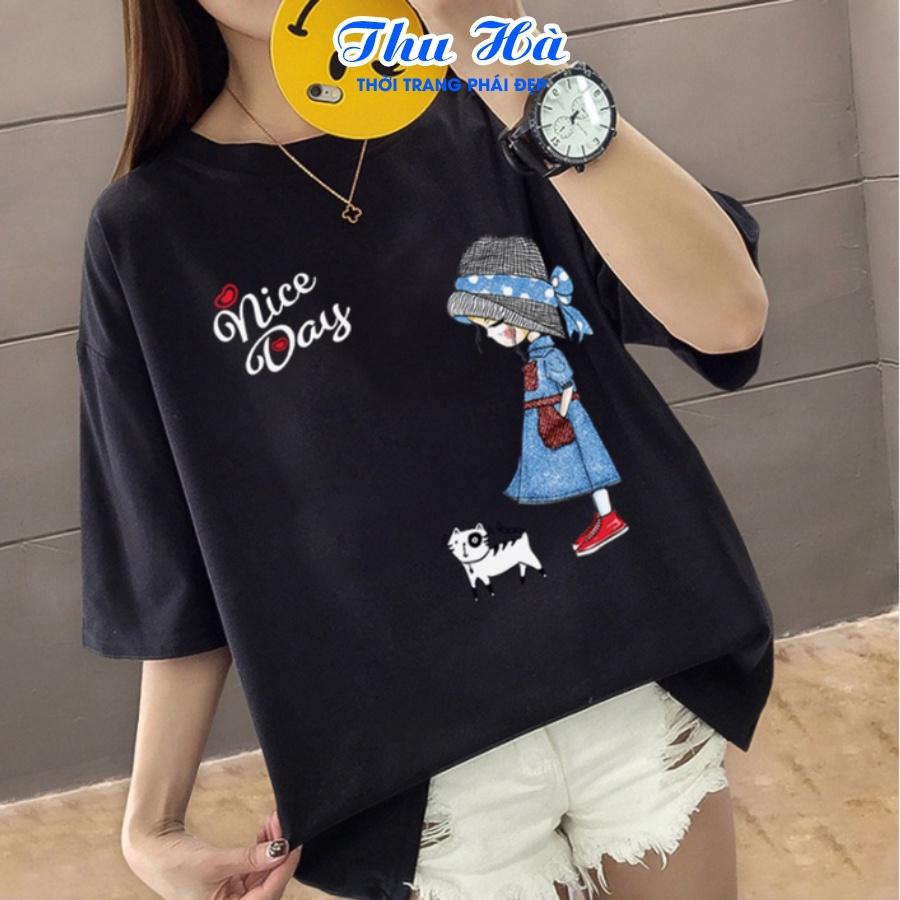 Áo thun form rộng tay lỡ áo phông unisex Thu Hà chất liệu thun cotton in chữ Nice Day