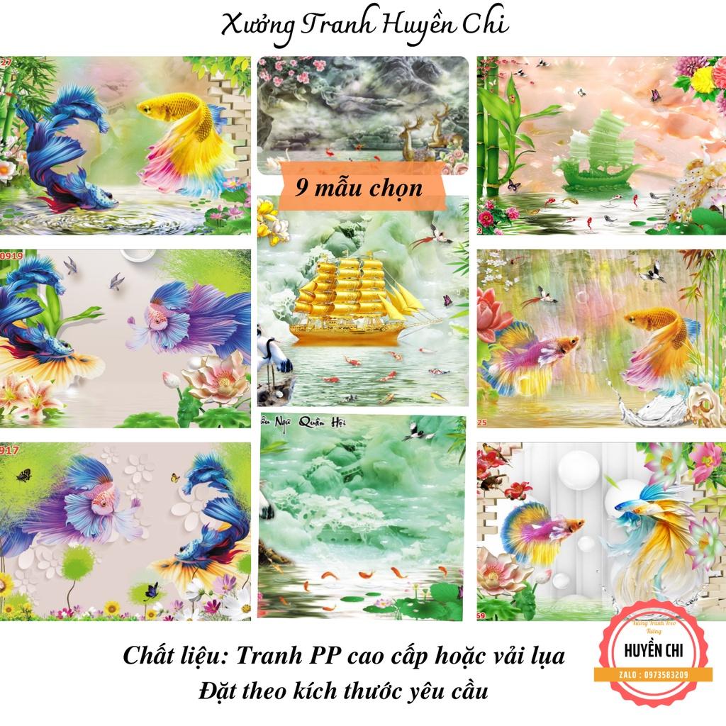 Tranh 3d dán tường trang trí phòng khách- tranh cửa ngư cá hoa sen- ép kim sa- Huyền Chi- Đặt theo kích thước yêu cầu