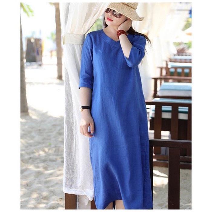 Đầm suông linen cổ tim tay lỡ kèm đai rời - Xanh coban