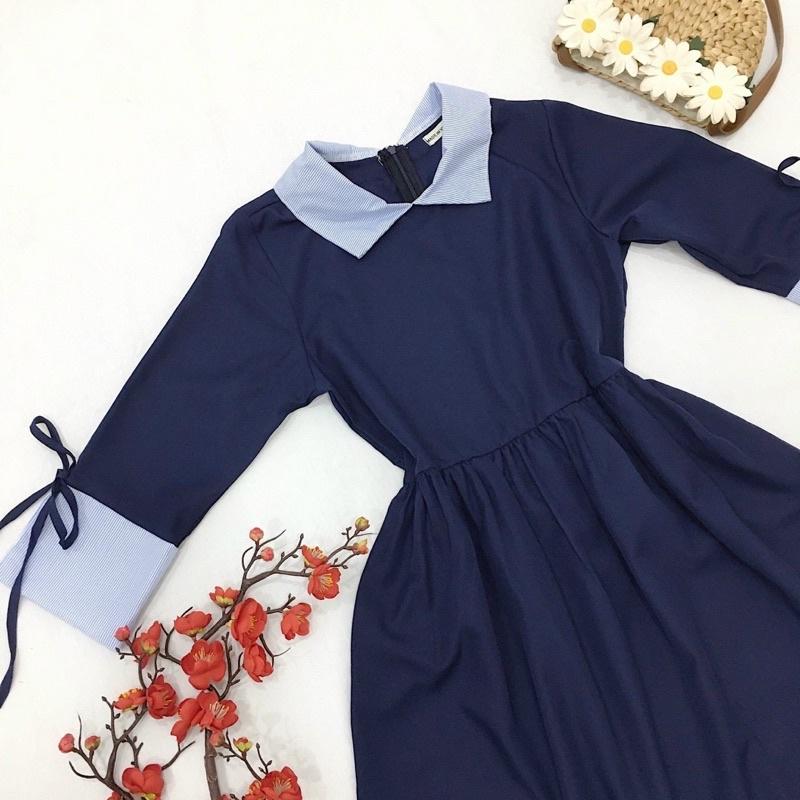 Đầm váy babydoll xanh cổ sọc (kèm hình thật)