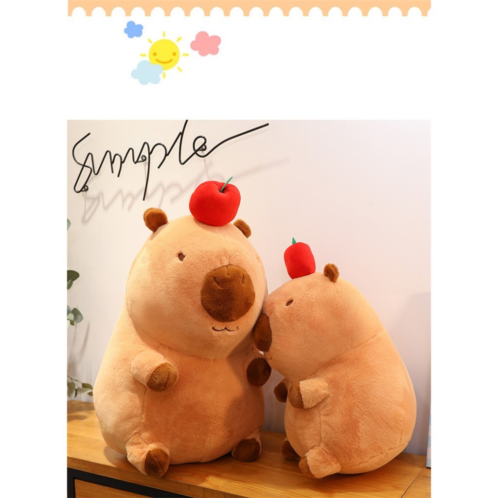Thú nhồi bông Capybara đội quả táo đỏ - Size 42cm - Quà tặng gấu bông chuột lang lông mềm mịn đáng yêu